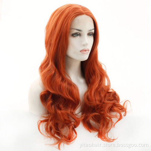 Wholesale price Ginger orange Long wave Synthetic Hair lace Wigs With Colorful  Pre-Plucked Big Factory Stock